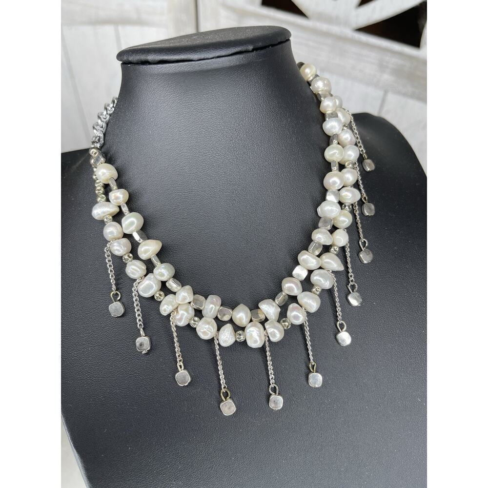 BAROQUE PEARL & Silver Dangle Bib Hanging NECKLACE Unique Short